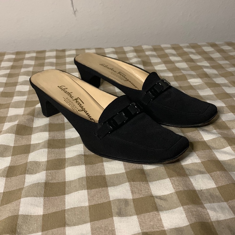 Salvatore Ferragamo Black Canvas Heel Slip On